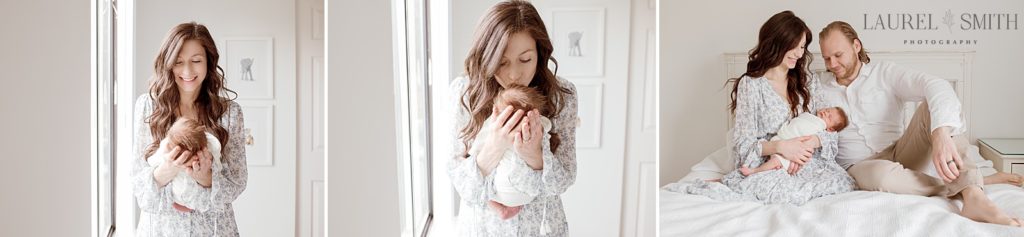 Mother kissing newborn baby and family together for newborn portraits by Laurel Smith Photography.