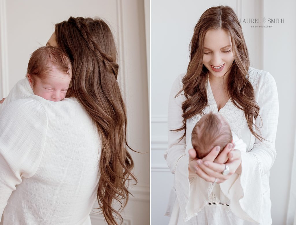 New mom holding baby during newborn portrait session.