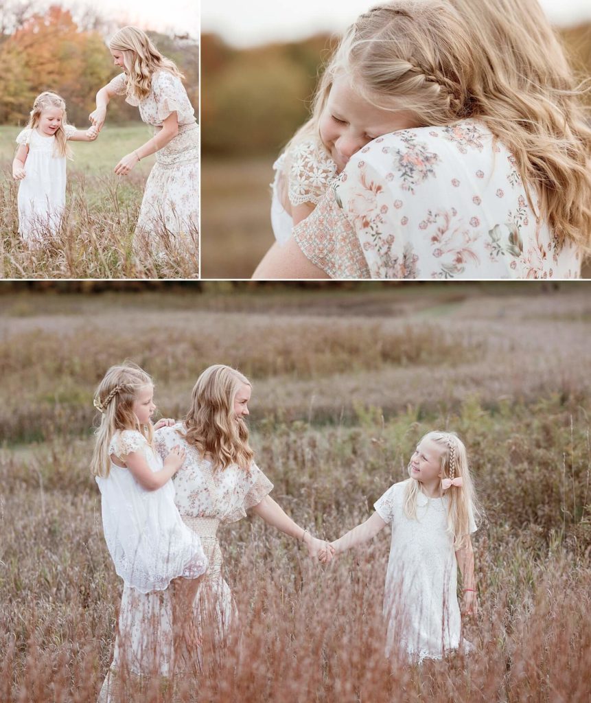 Mother dancing with daughters during family photography session with Laurel Smith Photography after shopping at Detroit toy stores.