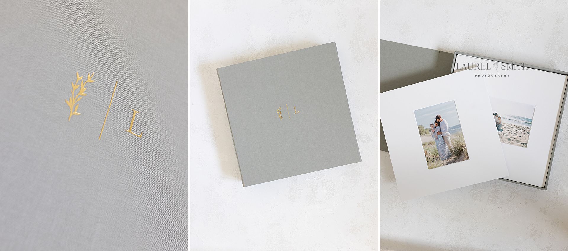 Three images showing details of gold embossing on folio box, full folio box, and matted prints inside of folio box.