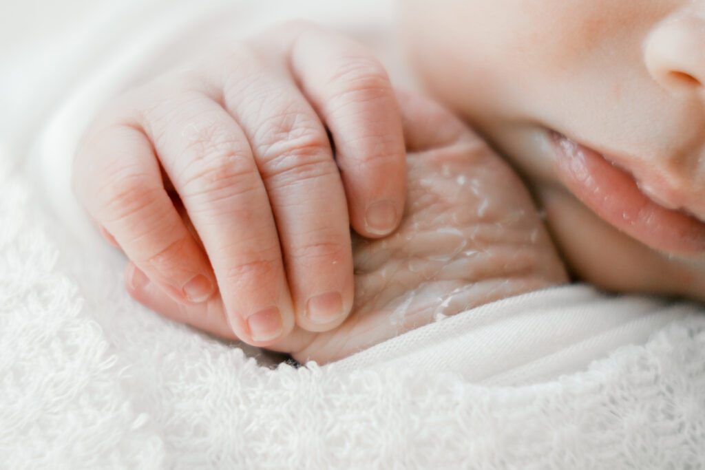 Close-up newborn with hands folded, showing when should newborn photos be taken during the first weeks after birth. 