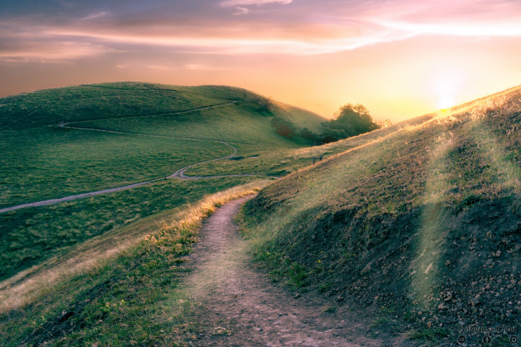 Sunset over the rolling hills along Kestrel Trail at Alum Rock Park