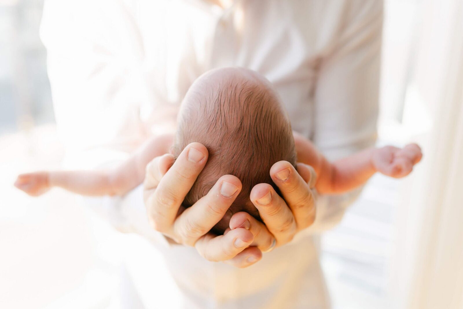 Close-up of a newborn gently supported in a parent's hands during a studio newborn session